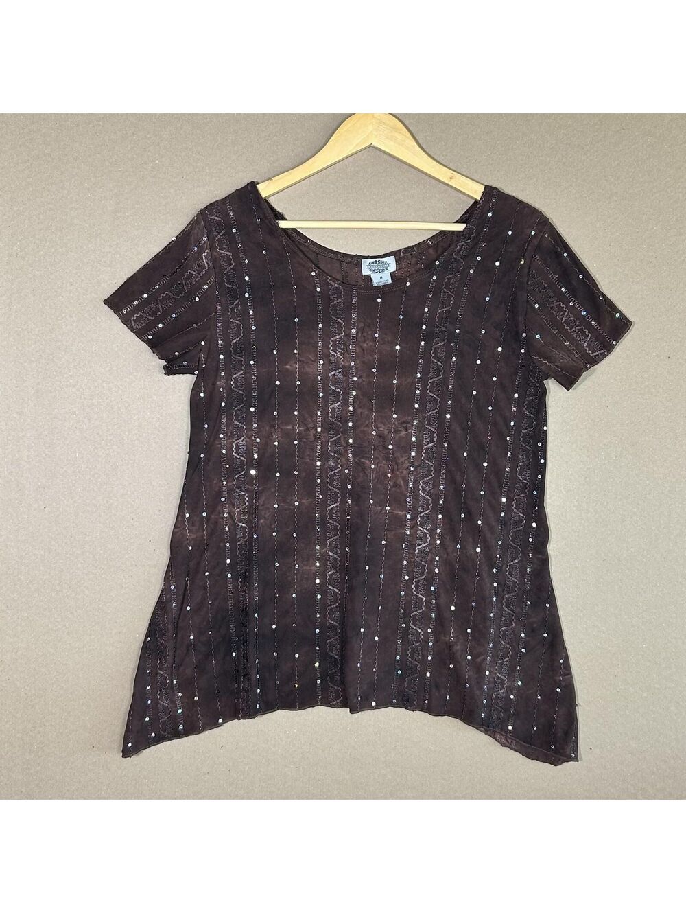Sienna Grace Women’s Y2K Brown Sequin Short Sleeve Top Size Medium Bohemian